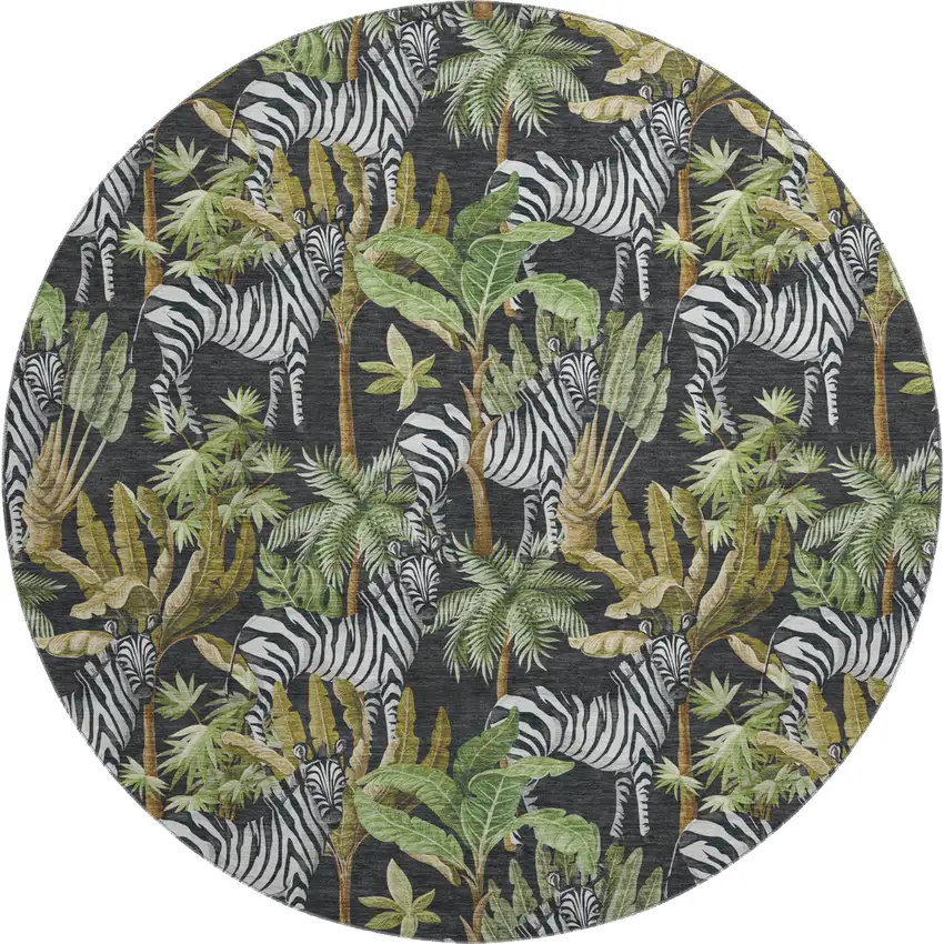 8' Midnight Green And Brown Geometric Washable Round Rug With UV Protection Photo 2