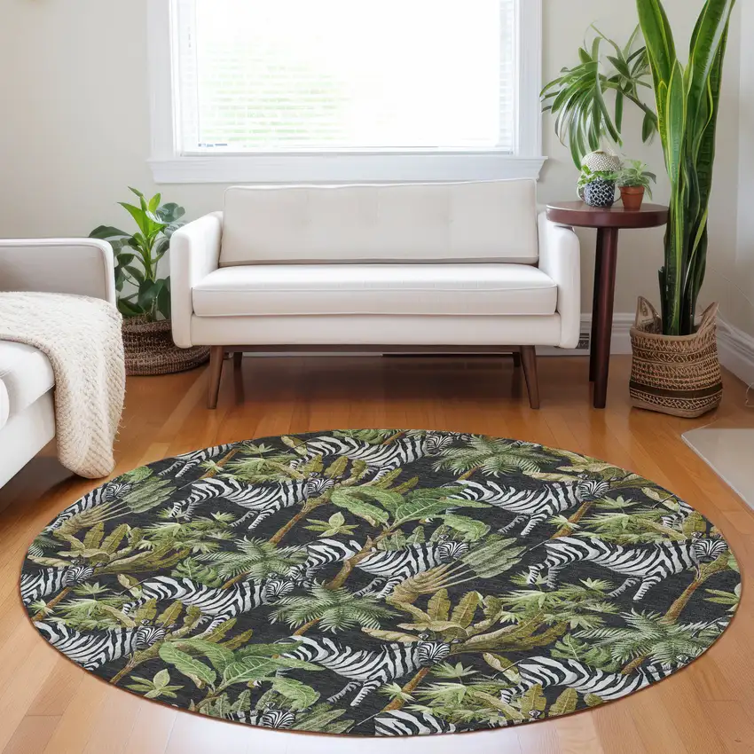 8' Midnight Green And Brown Geometric Washable Round Rug With UV Protection Photo 6