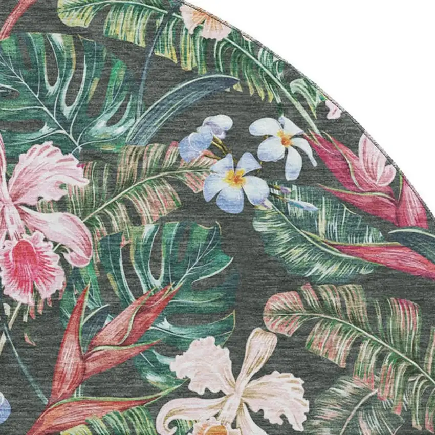 8' Midnight Green And Pink Geometric Washable Round Rug With UV Protection Photo 4