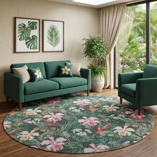 8' Midnight Green And Pink Geometric Washable Round Rug With UV Protection Photo 1