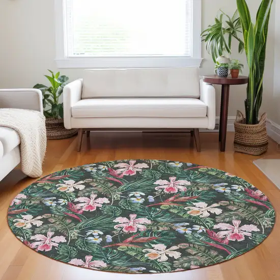 8' Midnight Green And Pink Geometric Washable Round Rug With UV Protection Photo 6