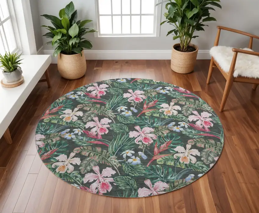 8' Midnight Green And Pink Geometric Washable Round Rug With UV Protection Photo 1