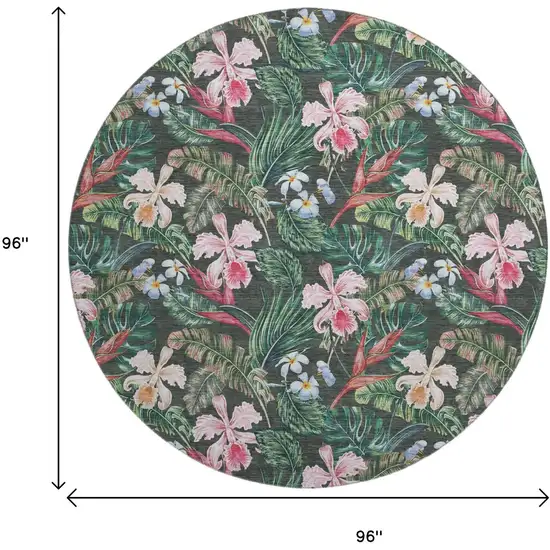 8' Midnight Green And Pink Geometric Washable Round Rug With UV Protection Photo 3