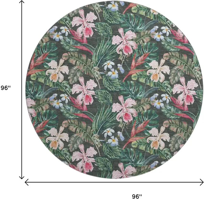 8' Midnight Green And Pink Geometric Washable Round Rug With UV Protection Photo 3