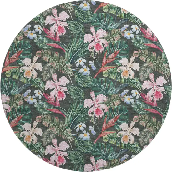 8' Midnight Green And Pink Geometric Washable Round Rug With UV Protection Photo 2