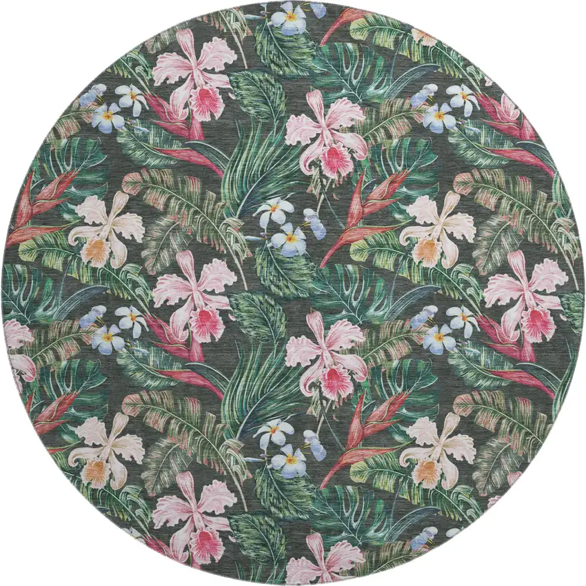 8' Midnight Green And Pink Geometric Washable Round Rug With UV Protection Photo 2