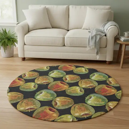 8' Midnight Green And Red Geometric Washable Round Rug With UV Protection Photo 1