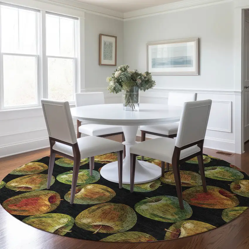 8' Midnight Green And Red Geometric Washable Round Rug With UV Protection Photo 4