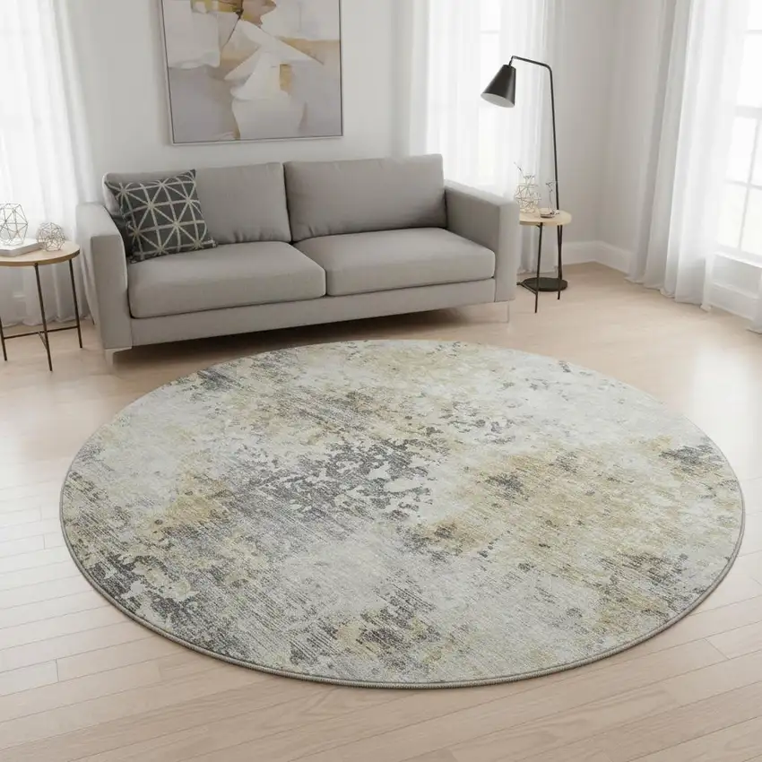 8' Midnight Ivory And Beige Abstract Washable Round Rug With UV Protection Photo 1