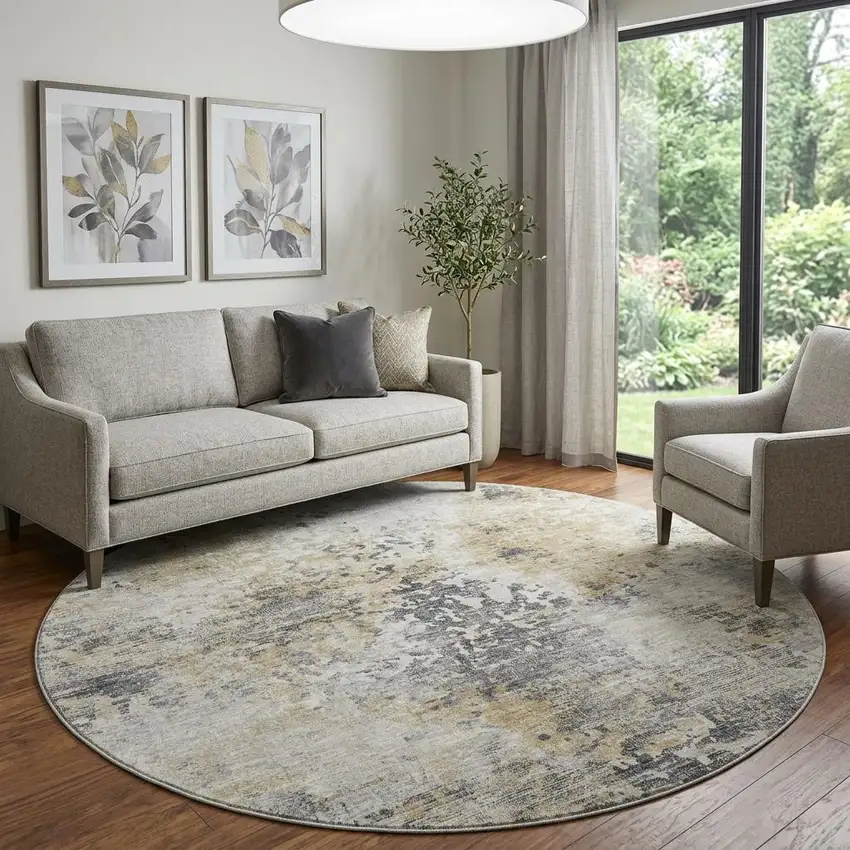 8' Midnight Ivory And Beige Abstract Washable Round Rug With UV Protection Photo 1