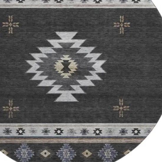 8' Midnight Ivory And Beige Geometric Washable Round Rug With UV Protection Photo 3