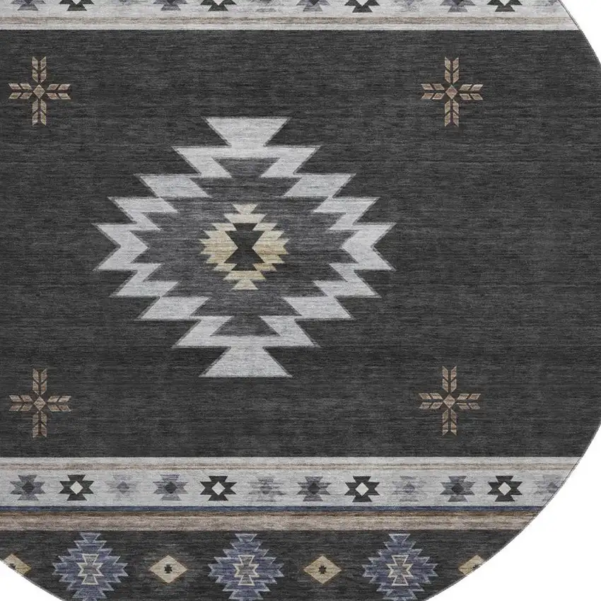 8' Midnight Ivory And Beige Geometric Washable Round Rug With UV Protection Photo 3