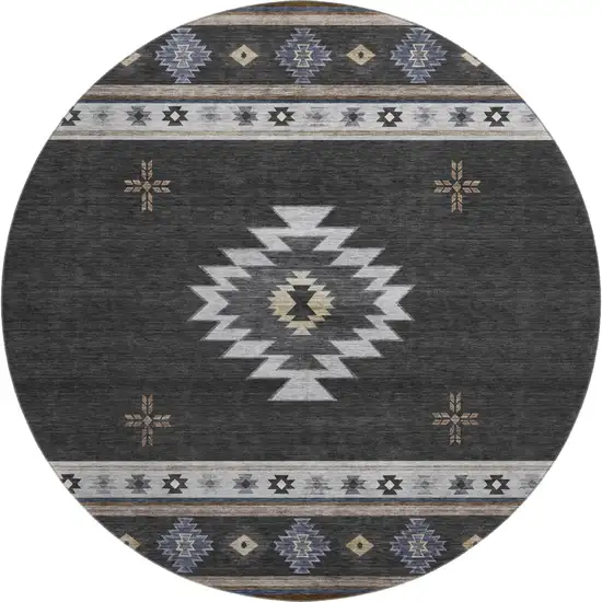 8' Midnight Ivory And Beige Geometric Washable Round Rug With UV Protection Photo 1