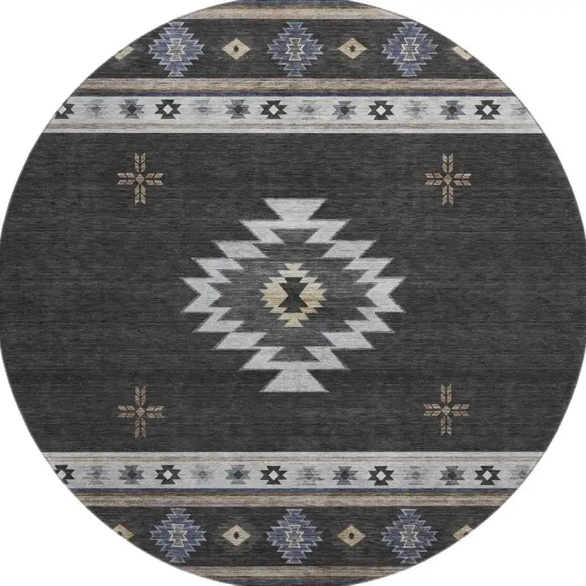 8' Midnight Ivory And Beige Geometric Washable Round Rug With UV Protection Photo 4