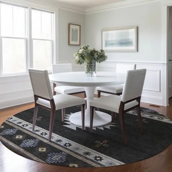 8' Midnight Ivory And Beige Geometric Washable Round Rug With UV Protection Photo 5