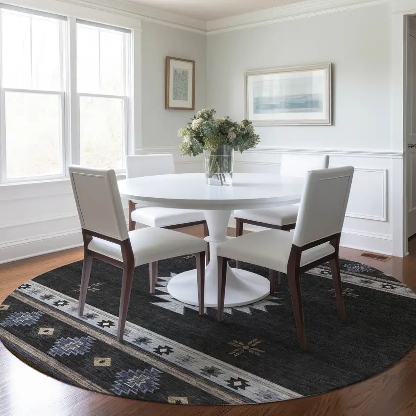 8' Midnight Ivory And Beige Geometric Washable Round Rug With UV Protection Photo 5