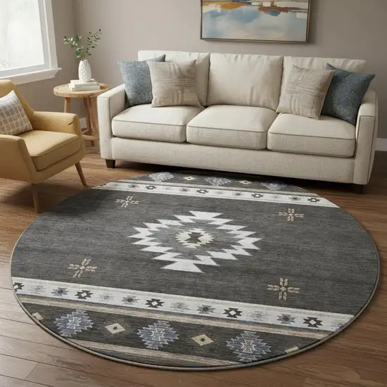 8' Midnight Ivory And Beige Geometric Washable Round Rug With UV Protection Photo 2