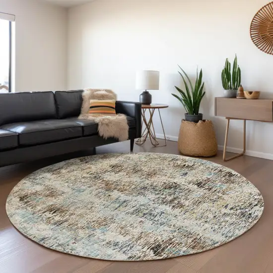 8' Midnight Ivory And Beige Round Abstract Washable Indoor Outdoor Area Rug Photo 7