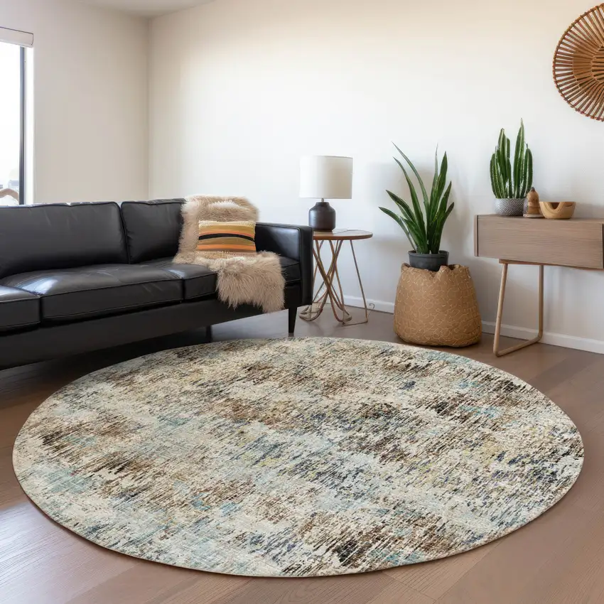 8' Midnight Ivory And Beige Round Abstract Washable Indoor Outdoor Area Rug Photo 7