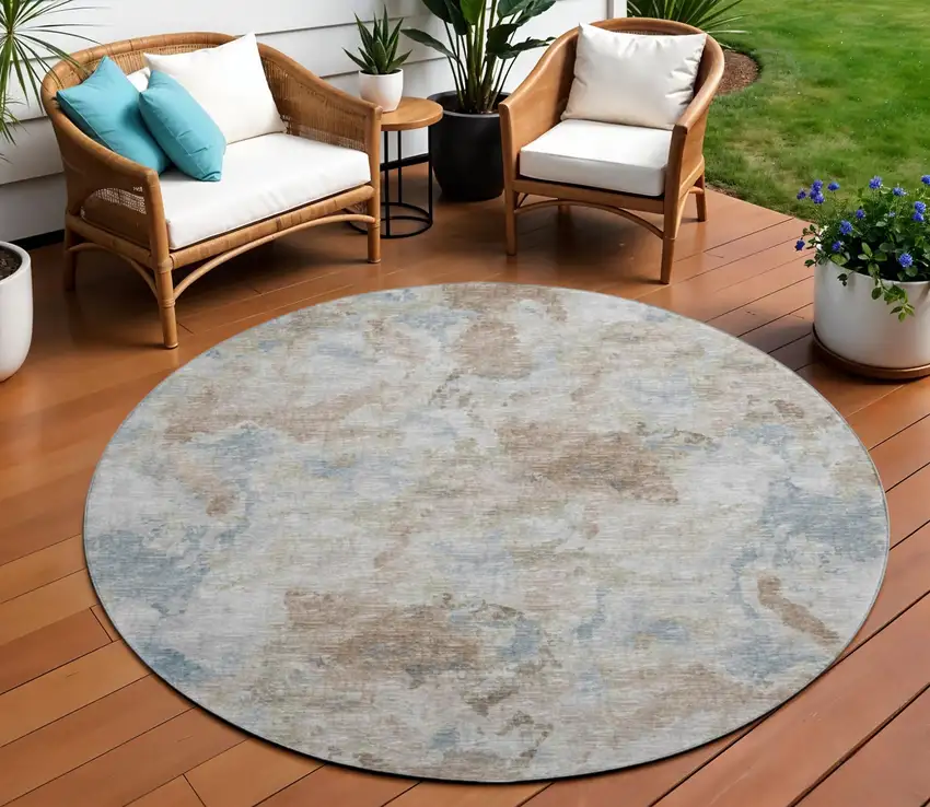 8' Midnight Ivory And Coffee Round Abstract Washable Indoor Outdoor Area Rug Photo 1