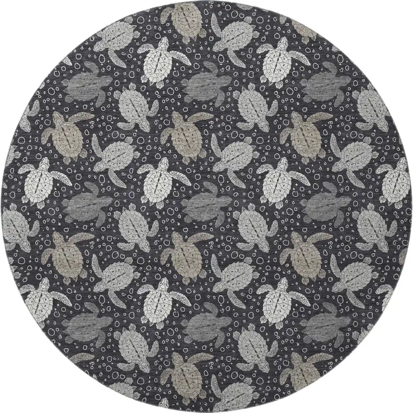 8' Midnight Ivory And Gray Geometric Washable Round Rug With UV Protection Photo 4