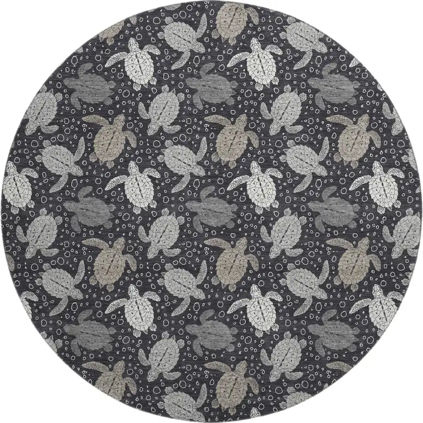 8' Midnight Ivory And Gray Geometric Washable Round Rug With UV Protection Photo 1