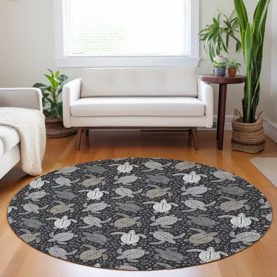 8' Midnight Ivory And Gray Geometric Washable Round Rug With UV Protection Photo 5