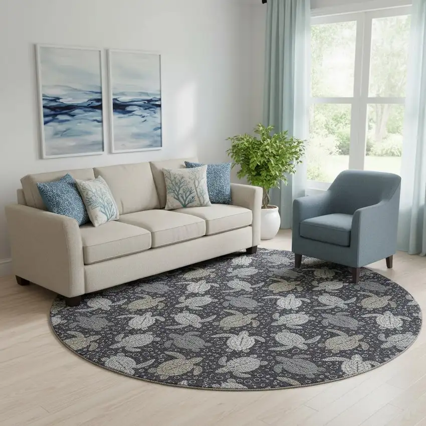 8' Midnight Ivory And Gray Geometric Washable Round Rug With UV Protection Photo 1