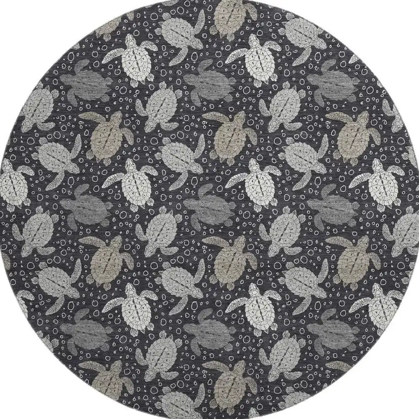 8' Midnight Ivory And Gray Geometric Washable Round Rug With UV Protection Photo 3