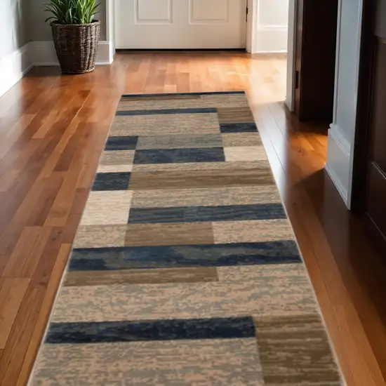 10' Blue Brown And Beige Patchwork Runner Rug Photo 1