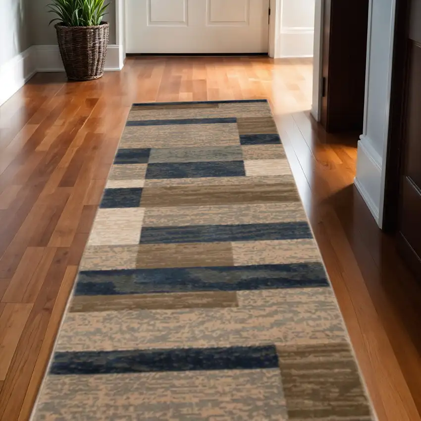 10' Blue Brown And Beige Patchwork Runner Rug Photo 1