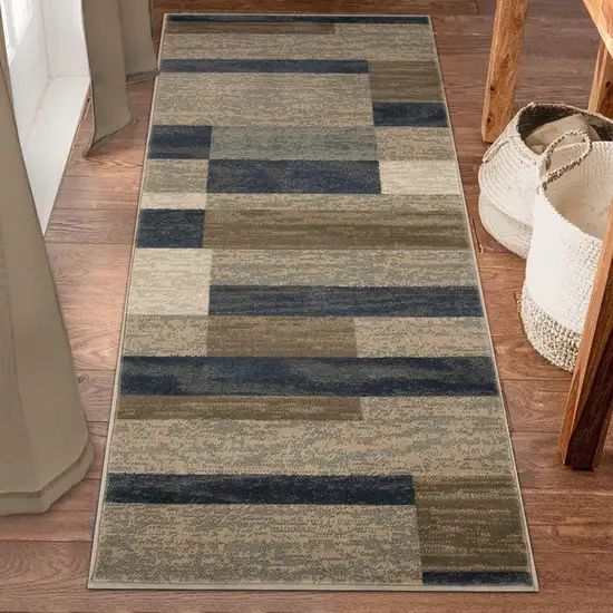10' Midnight Navy Patchwork Power Loom Stain Resistant Runner Rug Photo 4