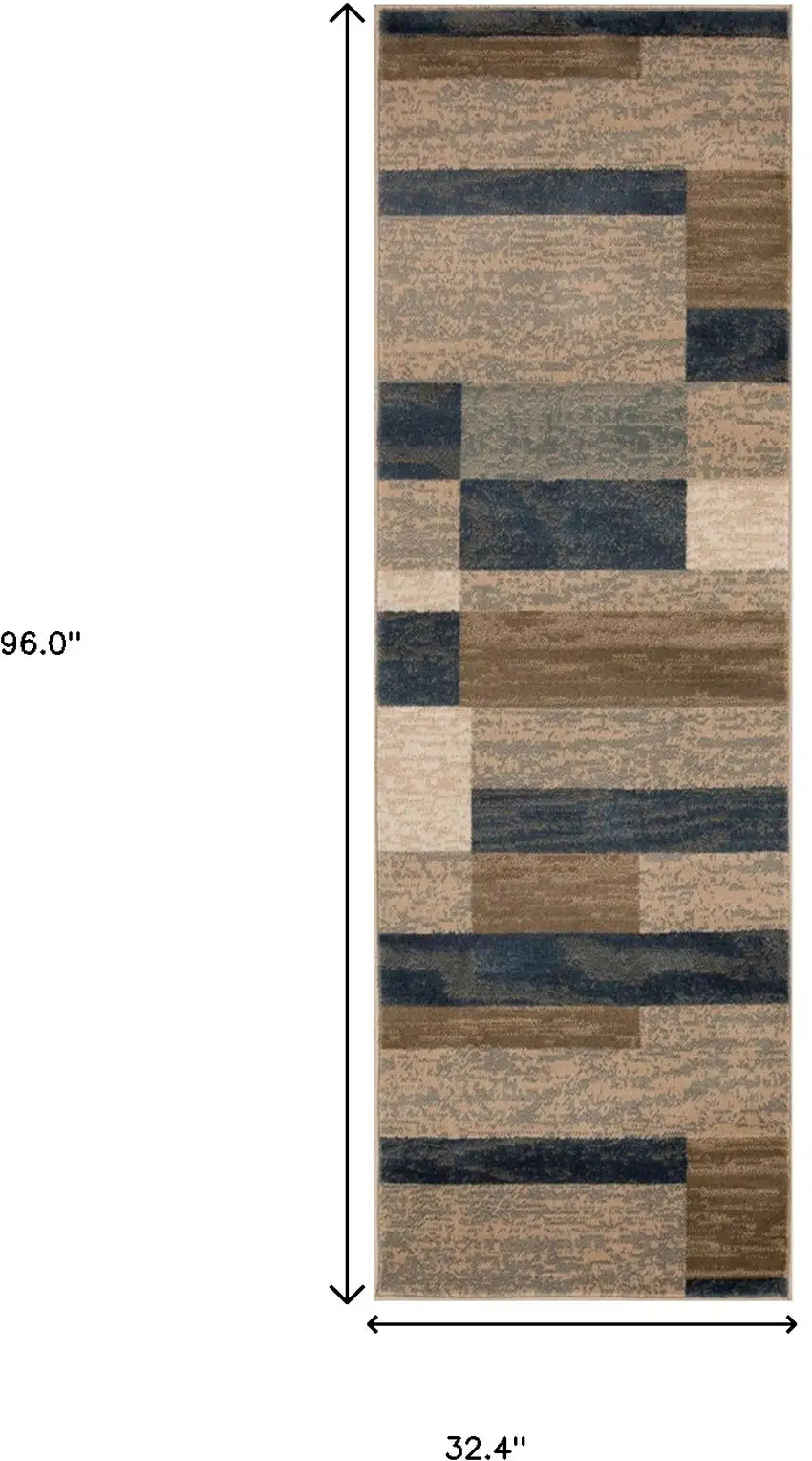 8' Midnight Navy Patchwork Power Loom Stain Resistant Runner Rug Photo 8