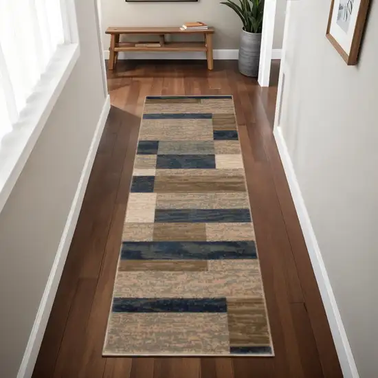8' Blue Brown And Beige Patchwork Runner Rug Photo 1