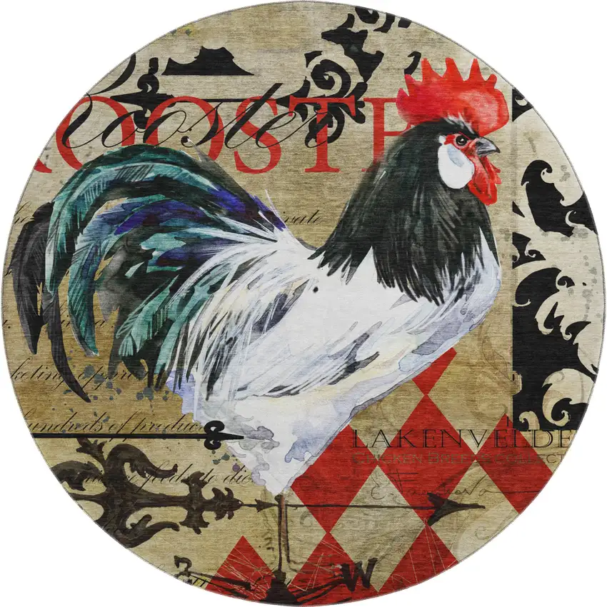 8' Midnight Red And Beige Animal Print Washable Round Rug With UV Protection Photo 2