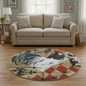 Photo of 8' Midnight Red And Beige Animal Print Washable Round Rug With UV Protection