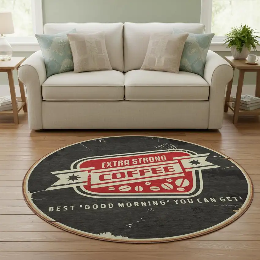 8' Midnight Red And Ivory Geometric Washable Round Rug With UV Protection Photo 1
