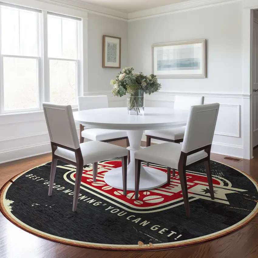 8' Midnight Red And Ivory Geometric Washable Round Rug With UV Protection Photo 4