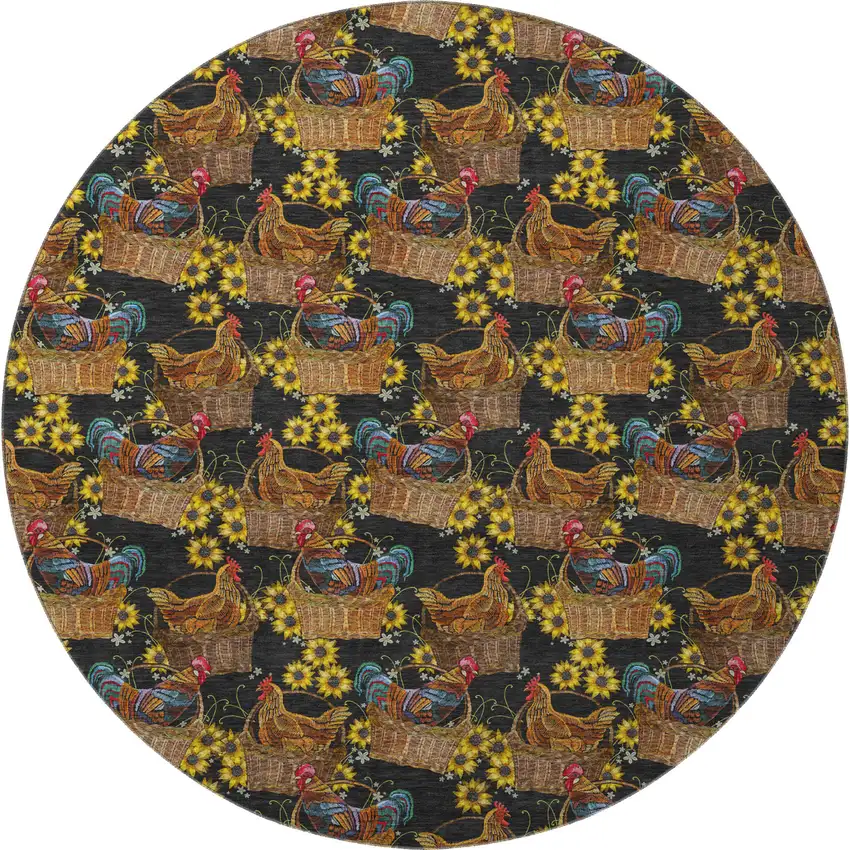 8' Midnight Yellow And Brown Animal Print Washable Round Rug With UV Protection Photo 4