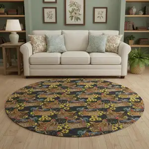 Photo of 8' Midnight Yellow And Brown Animal Print Washable Round Rug With UV Protection