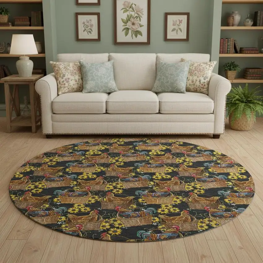 8' Midnight Yellow And Brown Animal Print Washable Round Rug With UV Protection Photo 1