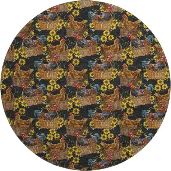 8' Midnight Yellow And Brown Animal Print Washable Round Rug With UV Protection Photo 2