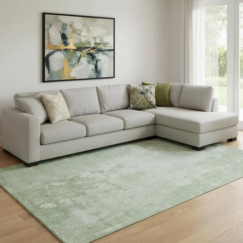 8' Mint Green And Beige Abstract Washable Area Rug With UV Protection Photo 2