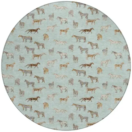8' Mint Green And Beige Round Horse Washable Indoor Outdoor Area Rug Photo 4