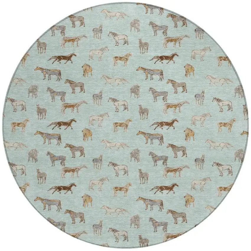8' Mint Green And Beige Round Horse Washable Indoor Outdoor Area Rug Photo 4