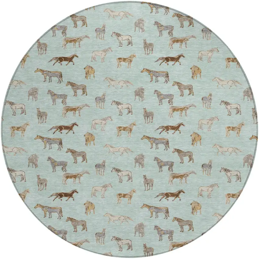 8' Mint Green And Beige Round Horse Washable Indoor Outdoor Area Rug Photo 2