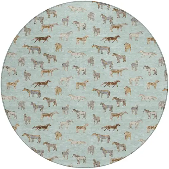 8' Mint Green And Beige Round Horse Washable Indoor Outdoor Area Rug Photo 2