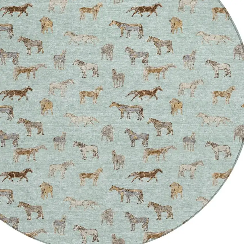8' Mint Green And Beige Round Horse Washable Indoor Outdoor Area Rug Photo 3