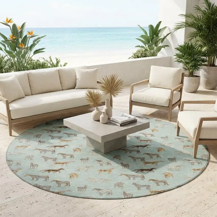 8' Mint Green And Beige Round Horse Washable Indoor Outdoor Area Rug Photo 1