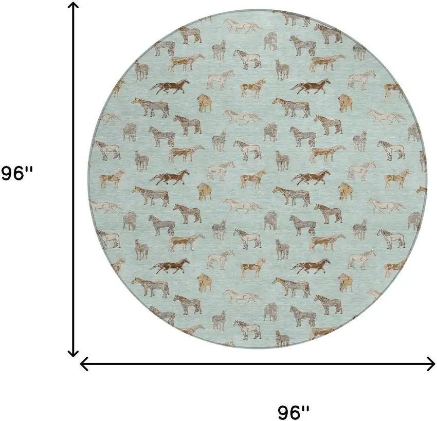 8' Mint Green And Beige Round Horse Washable Indoor Outdoor Area Rug Photo 7
